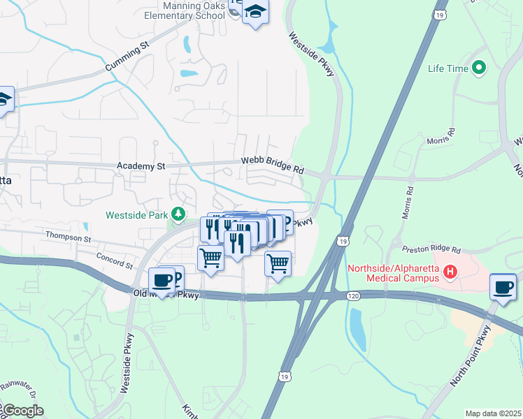 map of restaurants, bars, coffee shops, grocery stores, and more near 9061 Woodland Trail in Alpharetta