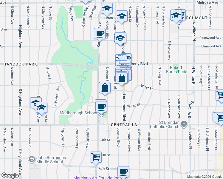 map of restaurants, bars, coffee shops, grocery stores, and more near 117S South Arden Boulevard in Los Angeles