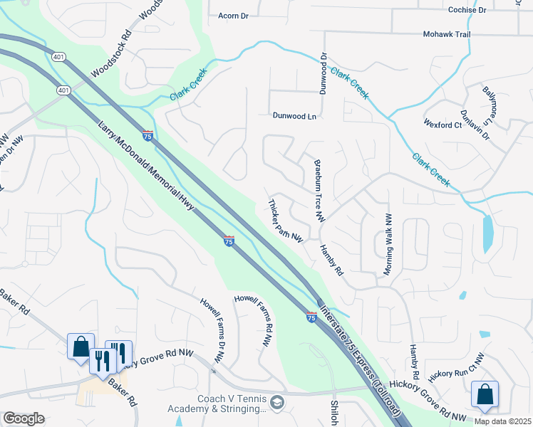 map of restaurants, bars, coffee shops, grocery stores, and more near 2205 Thicket Court in Acworth