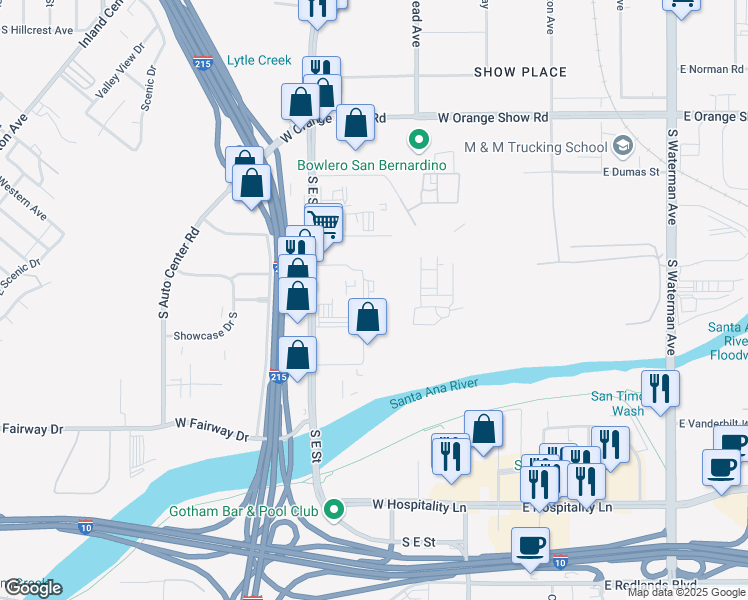 map of restaurants, bars, coffee shops, grocery stores, and more near 1465 South D Street in San Bernardino