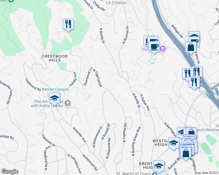 map of restaurants, bars, coffee shops, grocery stores, and more near 650 North Tigertail Road in Los Angeles