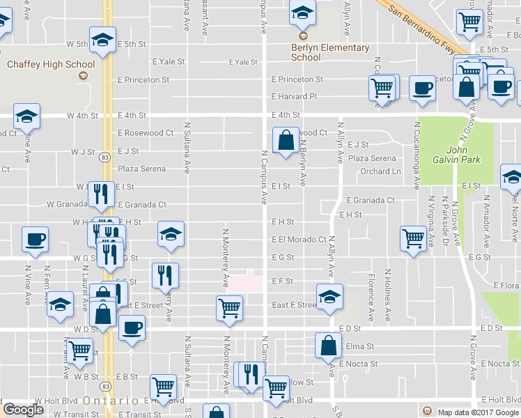 map of restaurants, bars, coffee shops, grocery stores, and more near 815 North Campus Avenue in Ontario