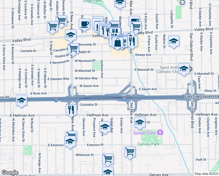 map of restaurants, bars, coffee shops, grocery stores, and more near 201 West Ramona Boulevard in San Gabriel