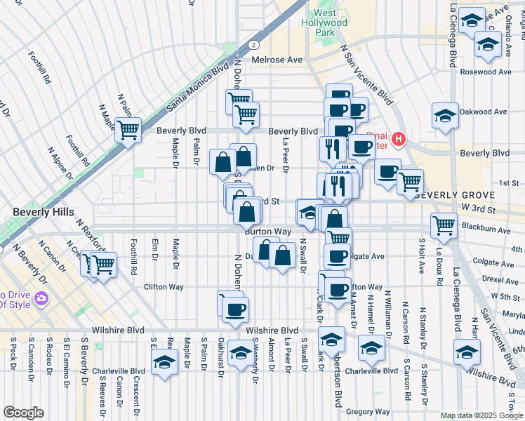 map of restaurants, bars, coffee shops, grocery stores, and more near 9000 West 3rd Street in Los Angeles