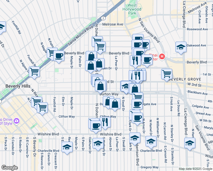 map of restaurants, bars, coffee shops, grocery stores, and more near 9000 West 3rd Street in Los Angeles