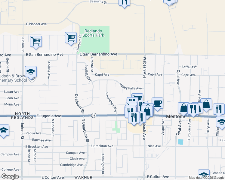 map of restaurants, bars, coffee shops, grocery stores, and more near 1431 Red Bird Court in Redlands