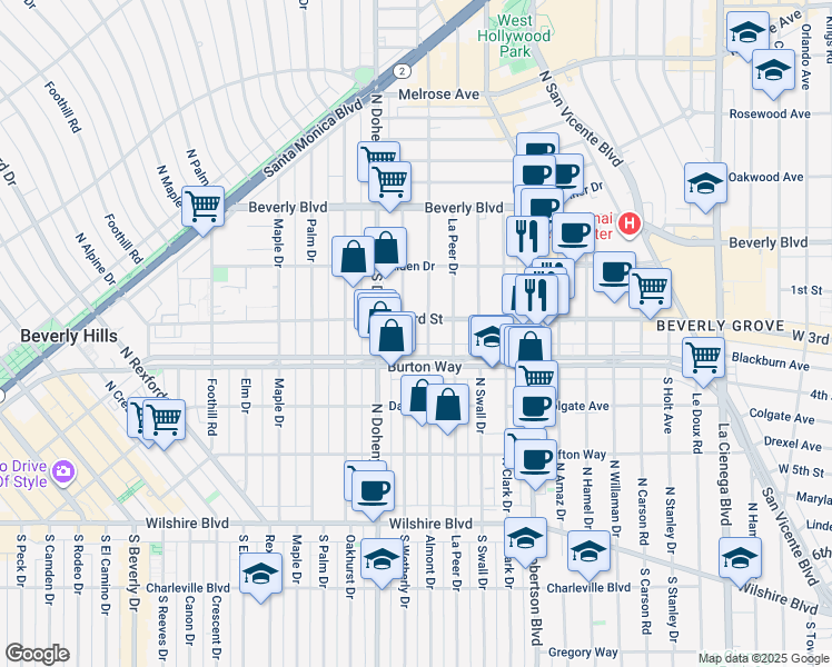 map of restaurants, bars, coffee shops, grocery stores, and more near 9000 West 3rd Street in Los Angeles