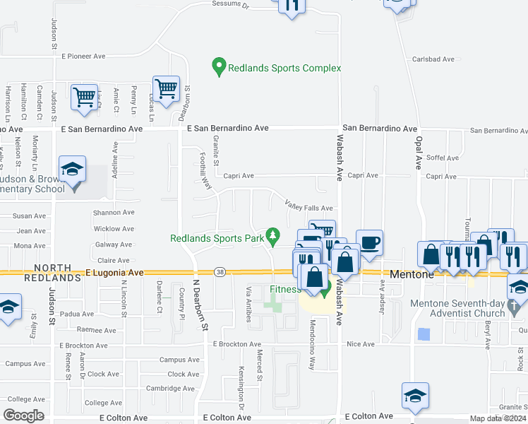 map of restaurants, bars, coffee shops, grocery stores, and more near 1431 Red Bird Court in Redlands