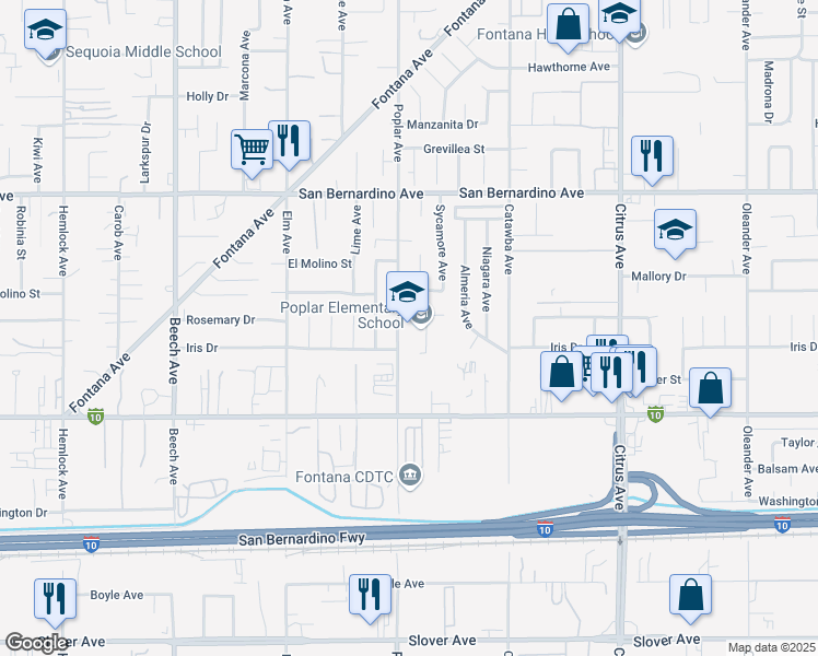 map of restaurants, bars, coffee shops, grocery stores, and more near 9937 Poplar Avenue in Fontana