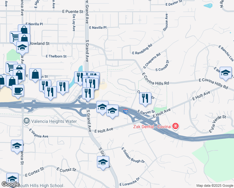 map of restaurants, bars, coffee shops, grocery stores, and more near East Hillhaven Drive in West Covina