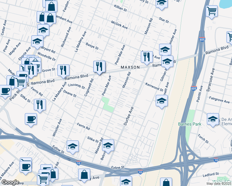 map of restaurants, bars, coffee shops, grocery stores, and more near 3909 Maxson Road in El Monte