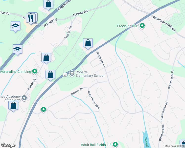 map of restaurants, bars, coffee shops, grocery stores, and more near 358 Creek Manor Way in Suwanee