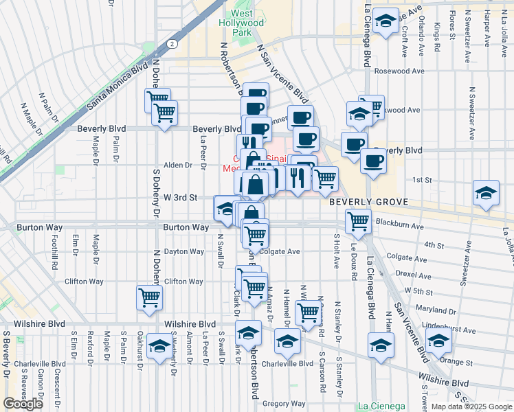 map of restaurants, bars, coffee shops, grocery stores, and more near 8757 Burton Way in West Hollywood