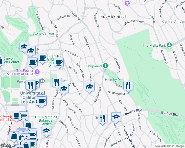 map of restaurants, bars, coffee shops, grocery stores, and more near 480 Loring Avenue in Los Angeles