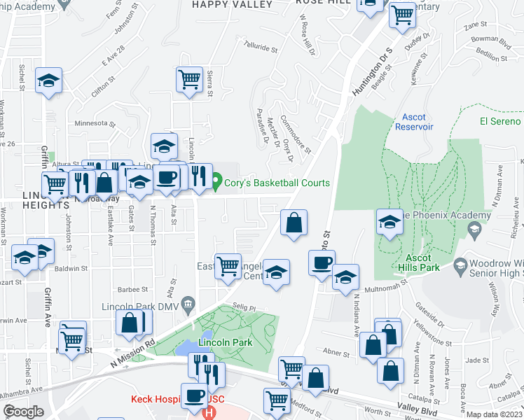 map of restaurants, bars, coffee shops, grocery stores, and more near 3845 Duke Street in Los Angeles