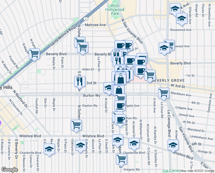map of restaurants, bars, coffee shops, grocery stores, and more near 310 South Swall Drive in Los Angeles