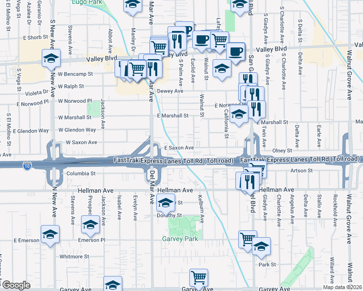 map of restaurants, bars, coffee shops, grocery stores, and more near 1980 Strathmore Avenue in San Gabriel