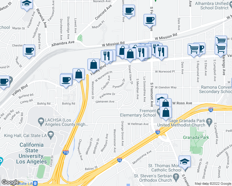 map of restaurants, bars, coffee shops, grocery stores, and more near 2903 Parkview Drive in Alhambra