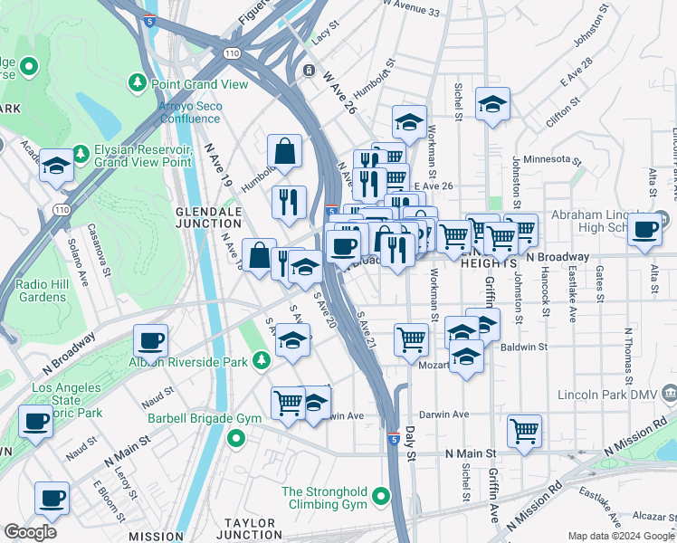 map of restaurants, bars, coffee shops, grocery stores, and more near 2069 North Broadway in Los Angeles