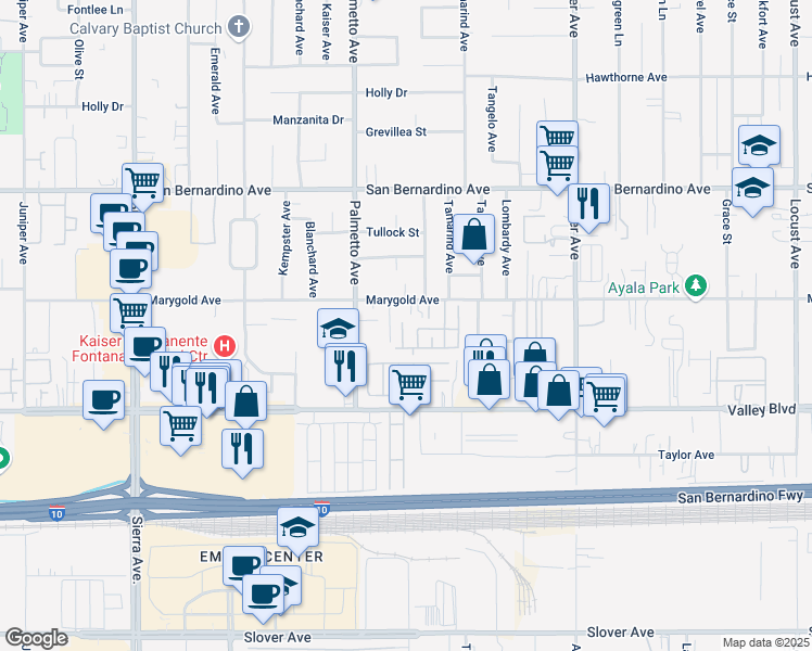 map of restaurants, bars, coffee shops, grocery stores, and more near 17455 Marygold Avenue in Bloomington