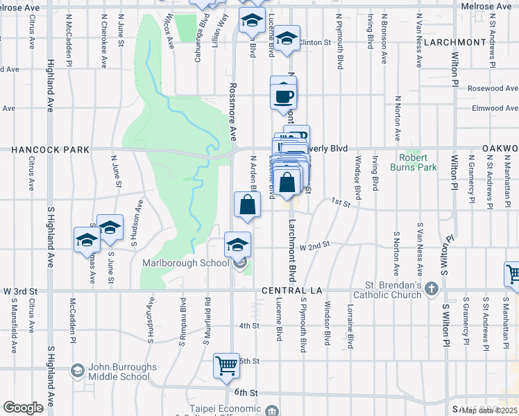 map of restaurants, bars, coffee shops, grocery stores, and more near 100 North Arden Boulevard in Los Angeles