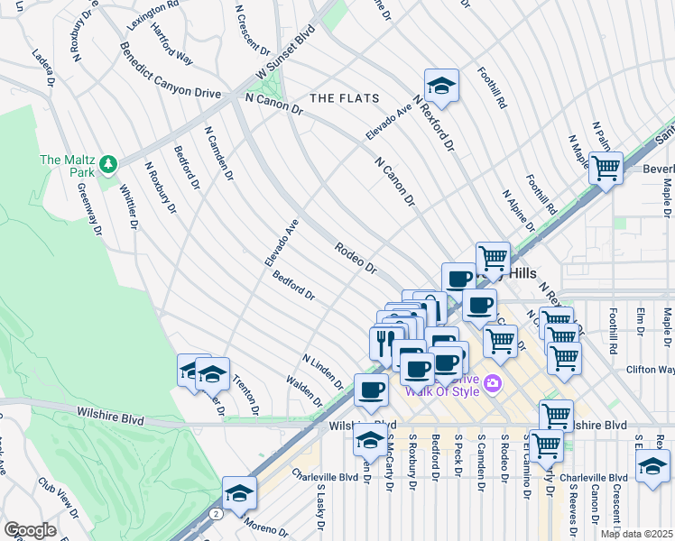 map of restaurants, bars, coffee shops, grocery stores, and more near 606 North Camden Drive in Beverly Hills