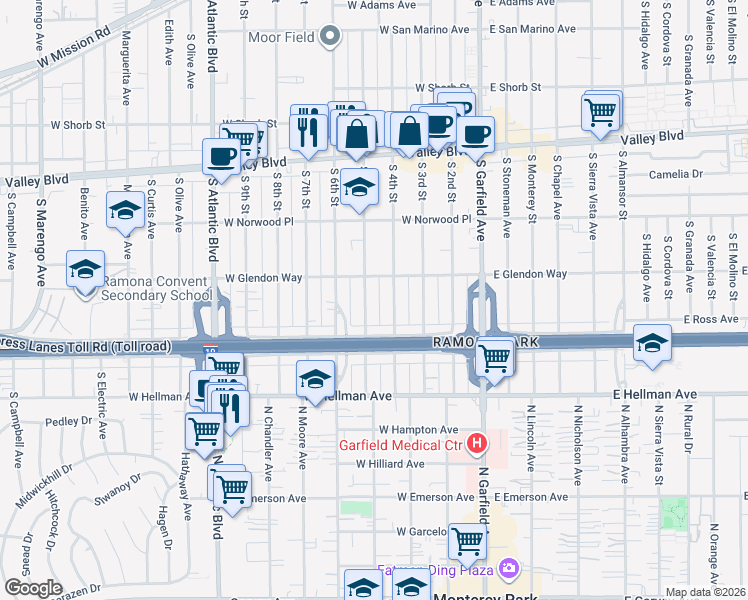 map of restaurants, bars, coffee shops, grocery stores, and more near 1842 South 5th Street in Alhambra