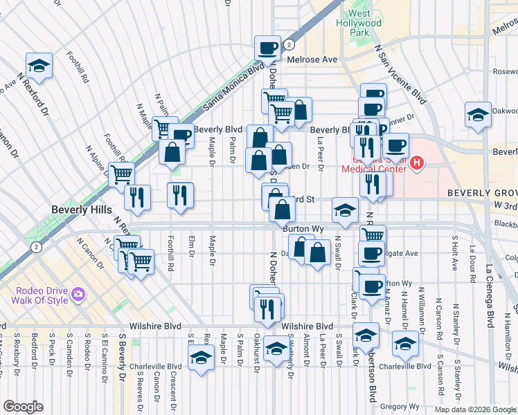 map of restaurants, bars, coffee shops, grocery stores, and more near 9135 Burton Way in Los Angeles