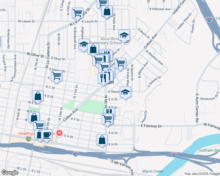 map of restaurants, bars, coffee shops, grocery stores, and more near 817 Orange Grove Avenue in Colton