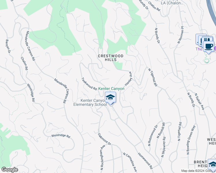 map of restaurants, bars, coffee shops, grocery stores, and more near 774 North Kenter Avenue in Los Angeles