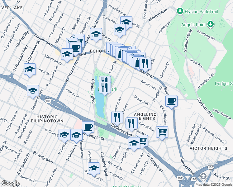 map of restaurants, bars, coffee shops, grocery stores, and more near 1048 West Kensington Road in Los Angeles
