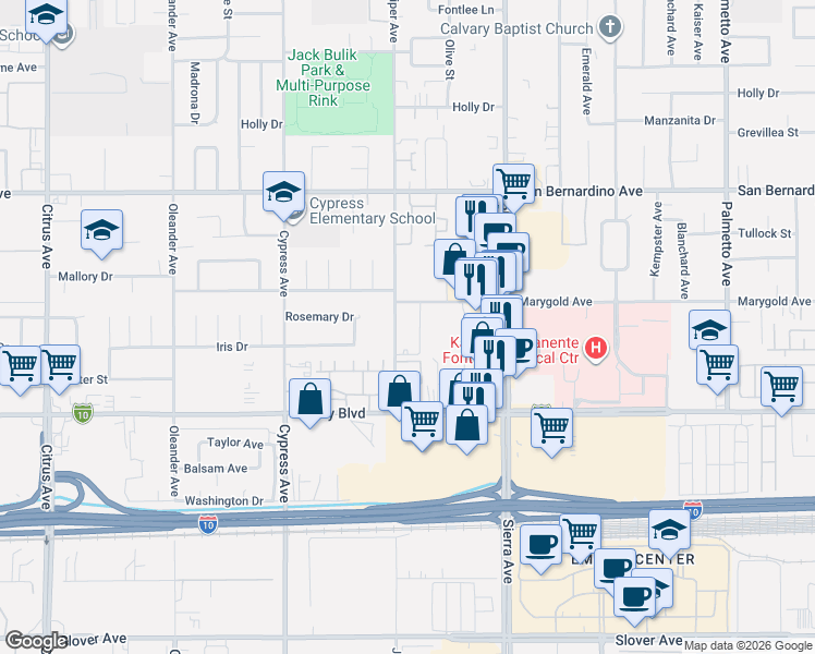map of restaurants, bars, coffee shops, grocery stores, and more near 16707 Marygold Avenue in Fontana