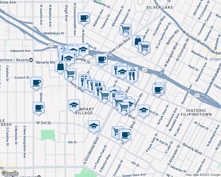 map of restaurants, bars, coffee shops, grocery stores, and more near 3003 1/2 Council Street in Los Angeles