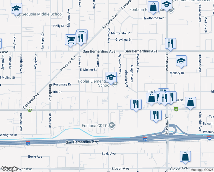 map of restaurants, bars, coffee shops, grocery stores, and more near 9944 Poplar Avenue in Fontana