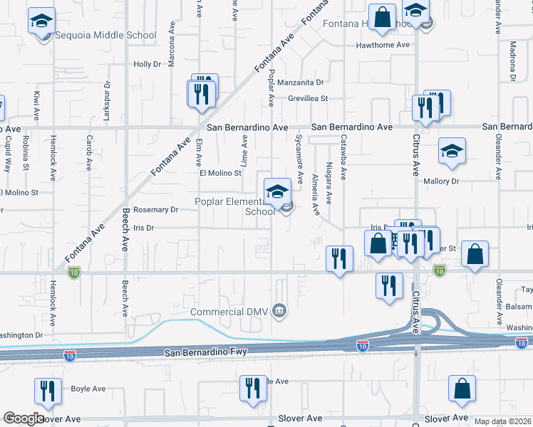 map of restaurants, bars, coffee shops, grocery stores, and more near 9944 Poplar Avenue in Fontana