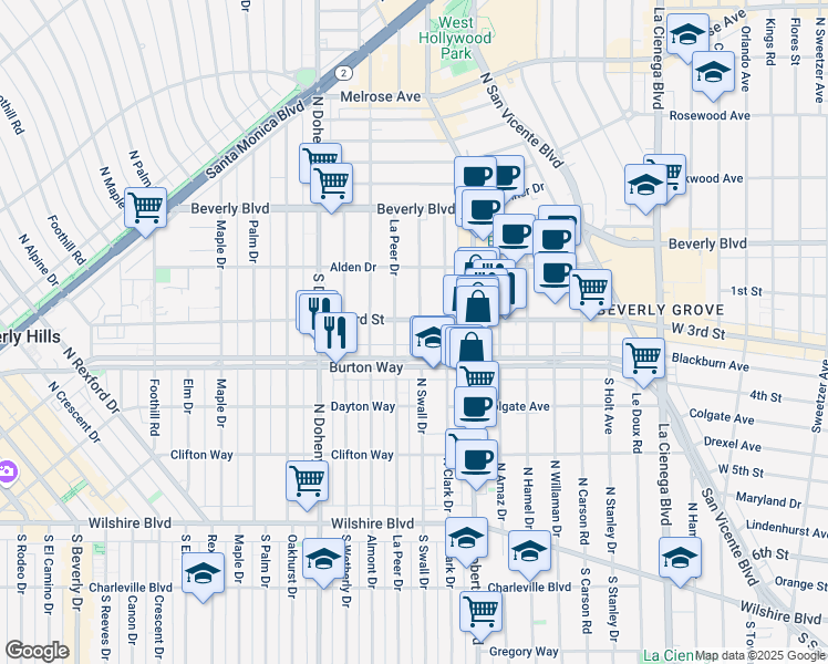 map of restaurants, bars, coffee shops, grocery stores, and more near 311 South Swall Drive in Los Angeles