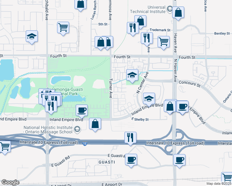 map of restaurants, bars, coffee shops, grocery stores, and more near 758 North Corvette Drive in Ontario