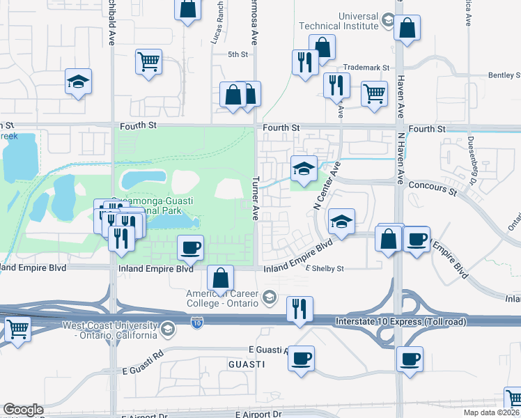 map of restaurants, bars, coffee shops, grocery stores, and more near 809 Turner Avenue in Ontario