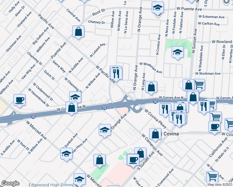 map of restaurants, bars, coffee shops, grocery stores, and more near 2000 West Pacific Avenue in West Covina