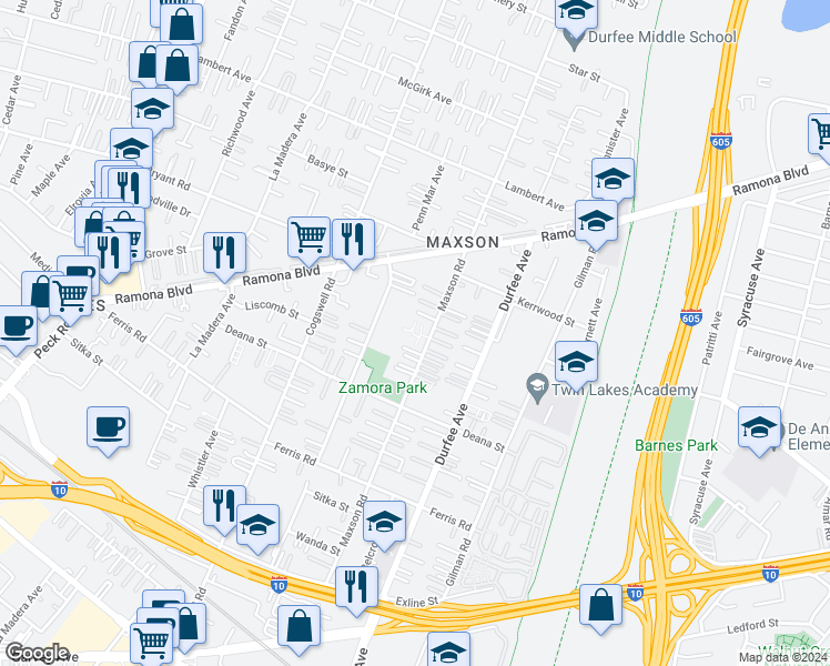 map of restaurants, bars, coffee shops, grocery stores, and more near 3909 Maxson Road in El Monte