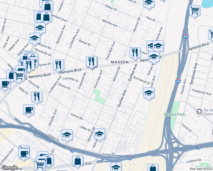 map of restaurants, bars, coffee shops, grocery stores, and more near 3909 Maxson Road in El Monte
