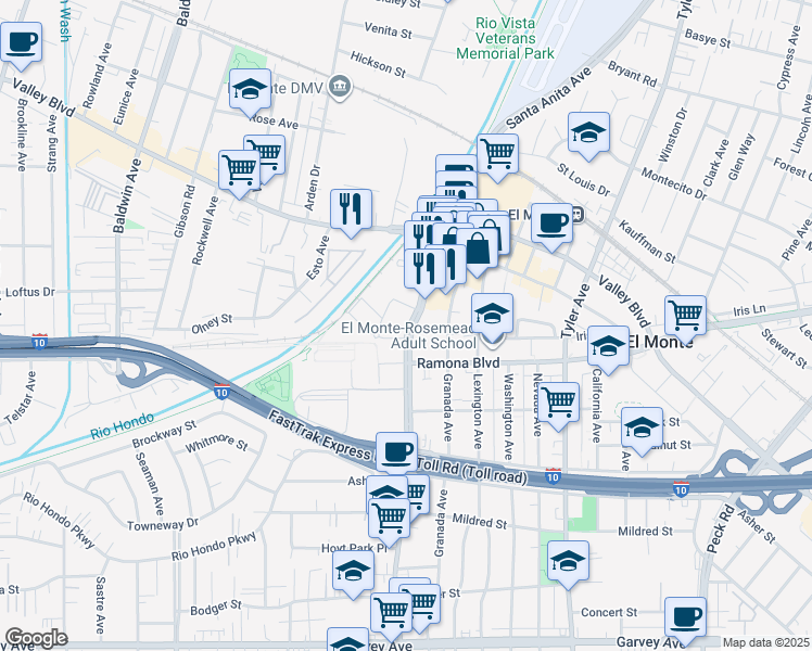 map of restaurants, bars, coffee shops, grocery stores, and more near 3515 Santa Anita Avenue in El Monte
