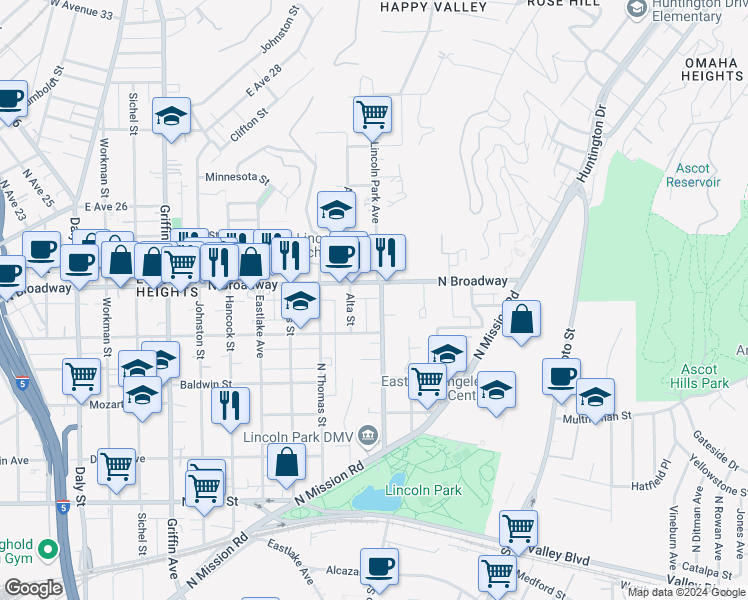map of restaurants, bars, coffee shops, grocery stores, and more near 2315 Lincoln Park Avenue in Los Angeles