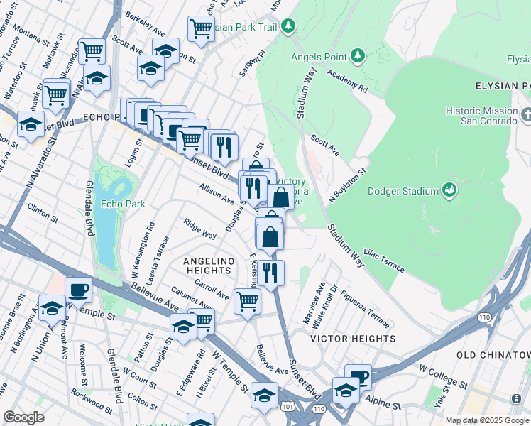 map of restaurants, bars, coffee shops, grocery stores, and more near 34 Sunset Boulevard in Los Angeles