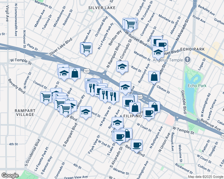 map of restaurants, bars, coffee shops, grocery stores, and more near 409 3/4 Coronado Terrace in Los Angeles