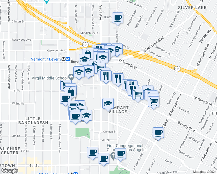 map of restaurants, bars, coffee shops, grocery stores, and more near 134 South Commonwealth Avenue in Los Angeles