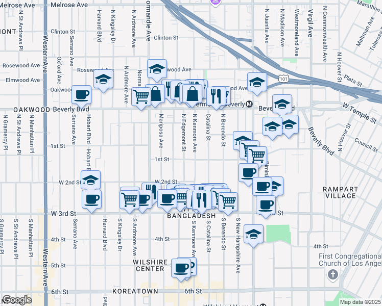 map of restaurants, bars, coffee shops, grocery stores, and more near 100 South Edgemont Street in Los Angeles