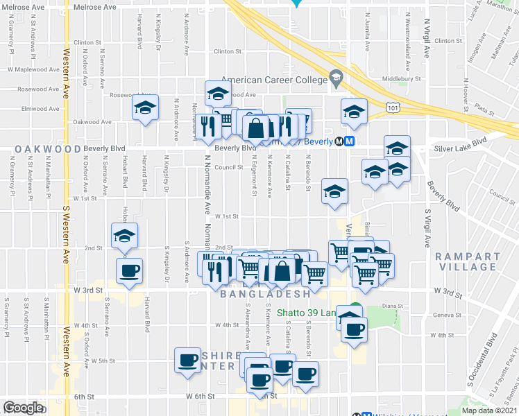 map of restaurants, bars, coffee shops, grocery stores, and more near 100 South Edgemont Street in Los Angeles