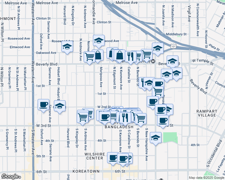 map of restaurants, bars, coffee shops, grocery stores, and more near 100 South Edgemont Street in Los Angeles