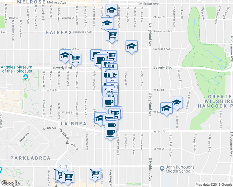 map of restaurants, bars, coffee shops, grocery stores, and more near 142 South Sycamore Avenue in Los Angeles